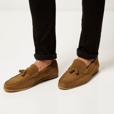 Medium brown suede woven tassel loafers